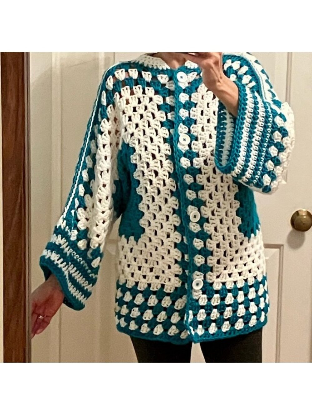 Handmade Crochet Cardigan Sweater with Buttons ,Teal and White, Medium, NEW